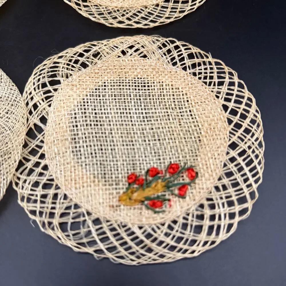 Vintage 6 Rattan Straw Lace Coasters Woven Flowers Floral